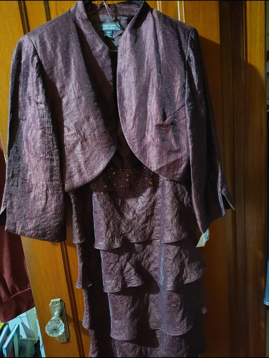 Women's Shimmery Beaded Burgundy Tiered Dress with Cropped Jacket - Picture 2 of 7